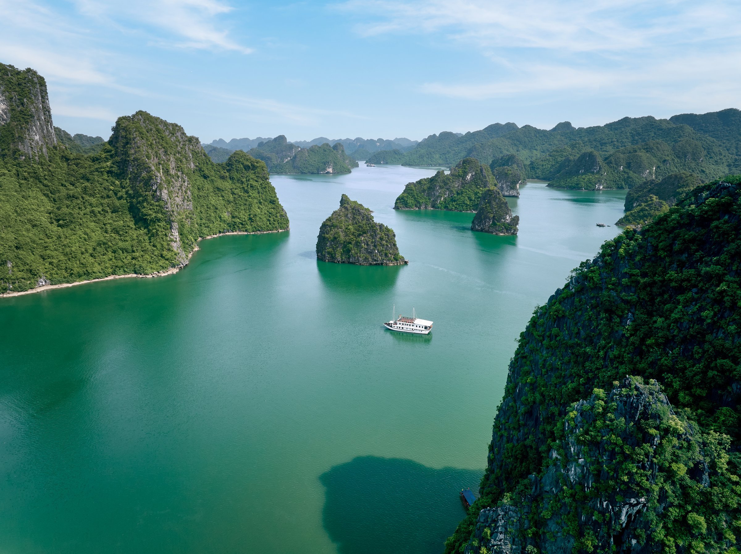 Halong Bay aerial overview at sunset
