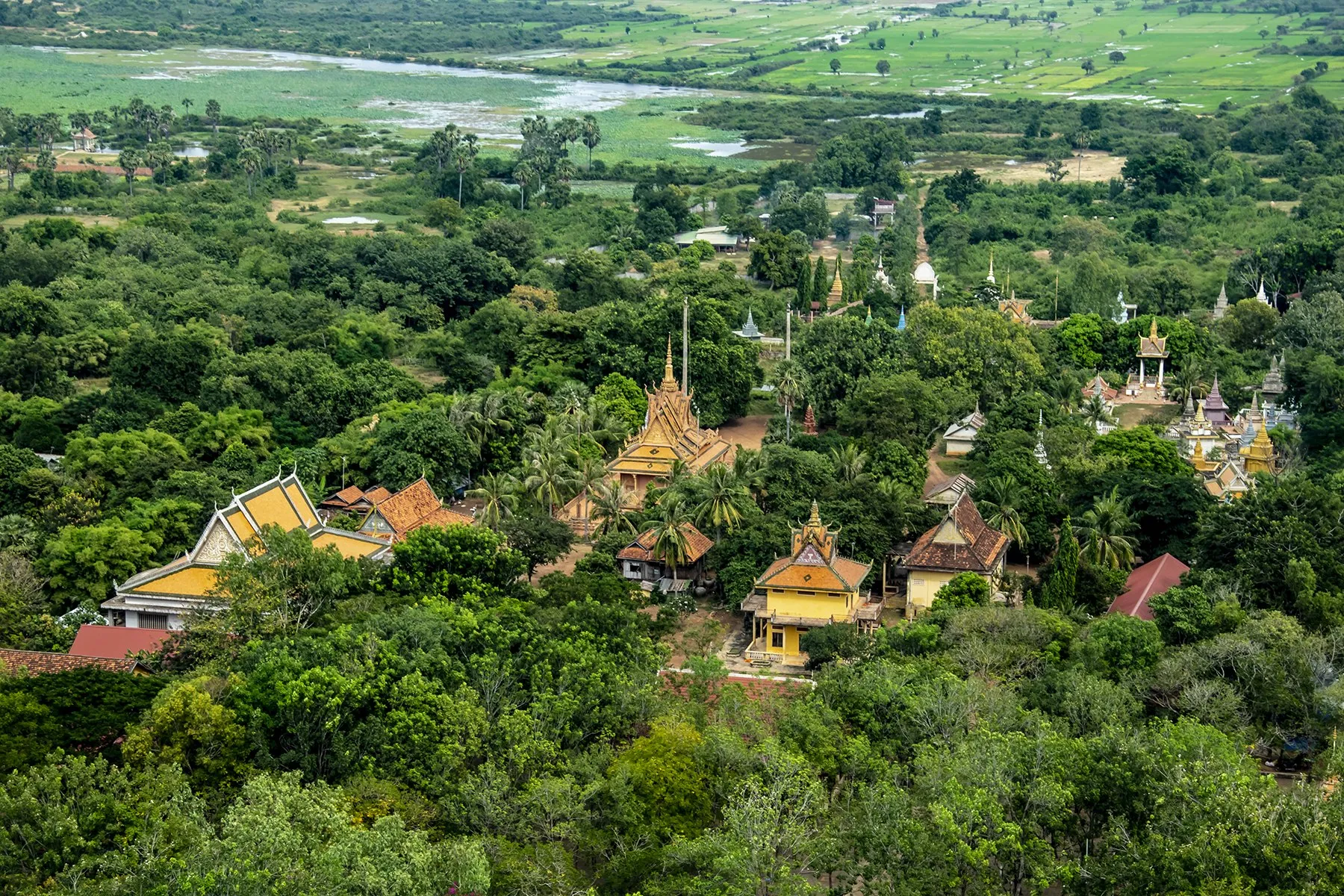View over temples and countryside from Oudong mountain near Phnom Penh