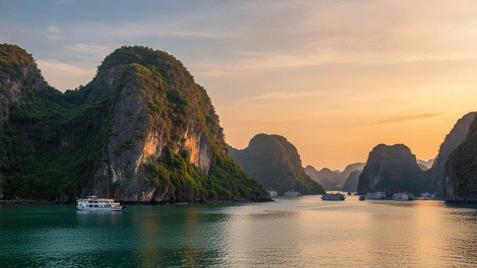 Limestone karsts rising from emerald waters of Ha Long Bay