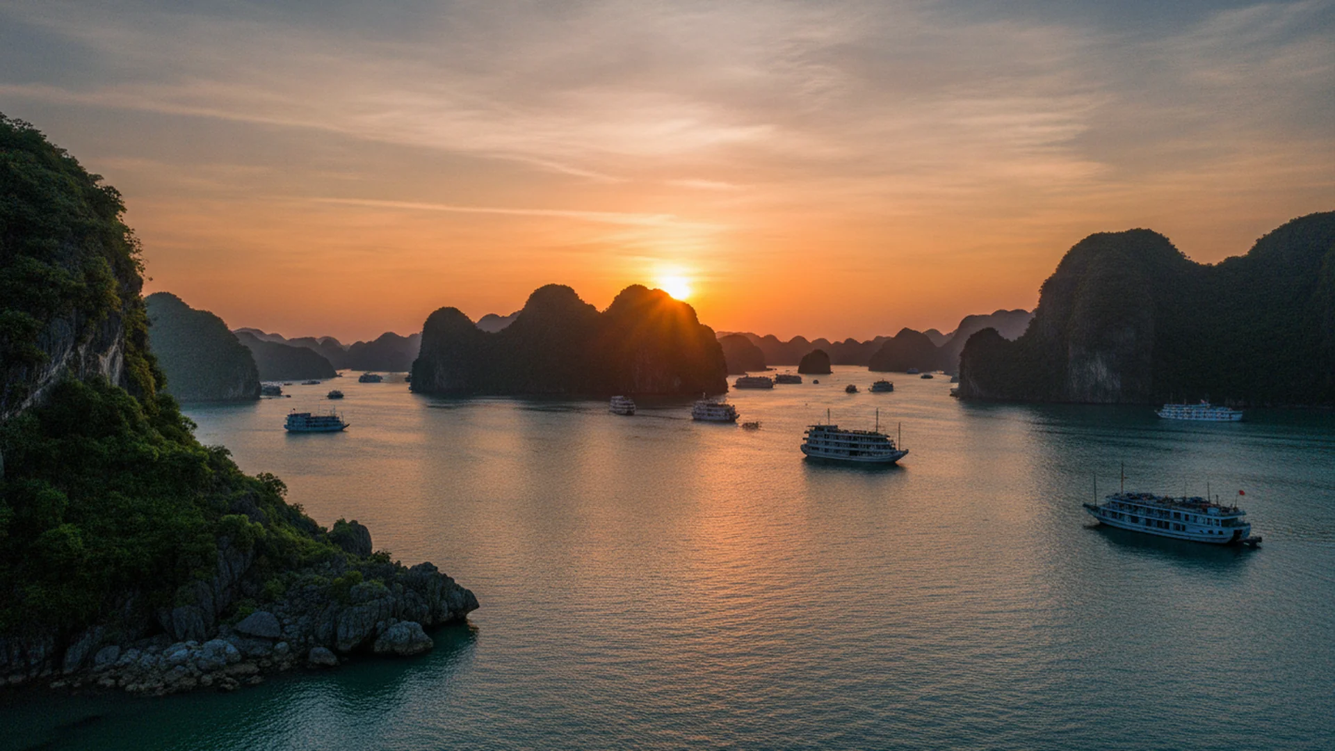 Limestone karsts rising from emerald waters in Ha Long Bay
